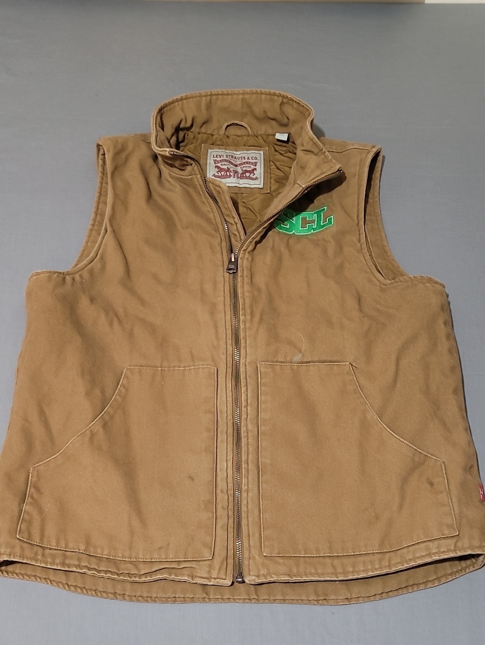 Levi's Tan Canvas Zip-Front Vest with Green Logo Patch